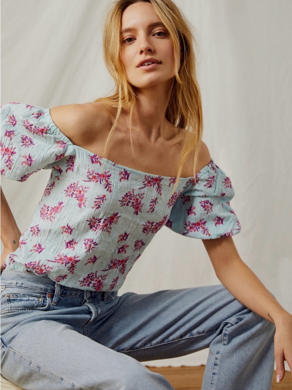 Free People Off-Shoulder Floral Puff-Sleeve Top in Light Blue and Pink